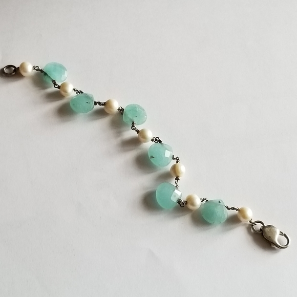 Chalcedony and pearl bracelet .925 sterling silver real mint sea white bead - Picture 6 of 16